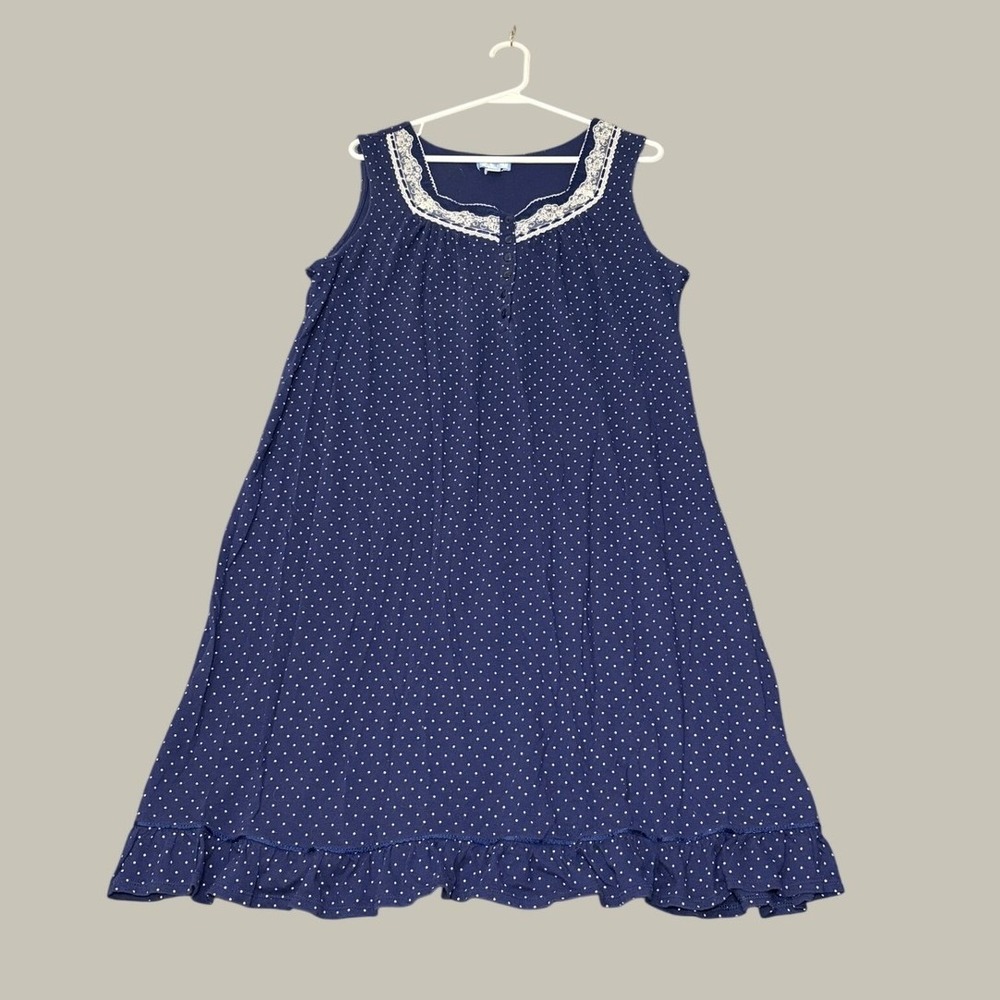 Celestial Dreams Womens Navy Blue Polka Dot Lace Trim Sleeveless Nightgown XL